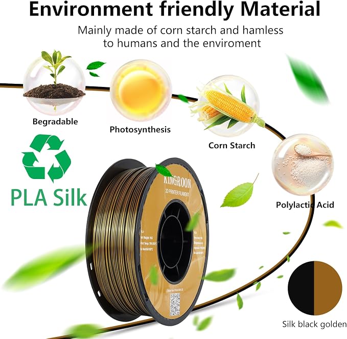 Kingroon PLA Filament, Multicolor Silk PLA Filament, Dual Color 3D Printer Filament, 1.75 mm, Dimensional Accuracy +/- 0.03 mm, 1kg Spool(2.2lbs), Black Gold