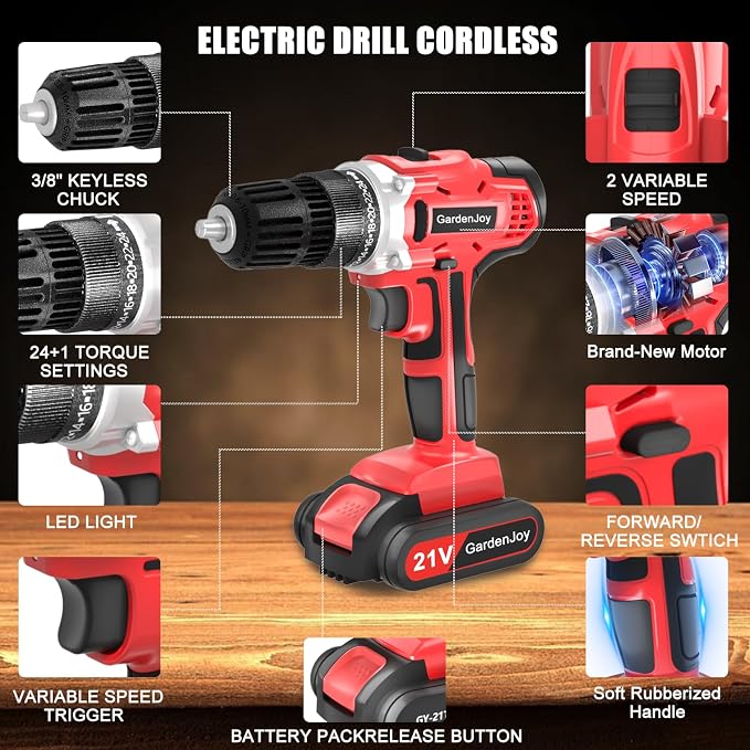 GardenJoy 20v Cordless Drill Set, Power Electric Kit 2 Batteries With Charger 30Nm 2 Speed 3/8" Keyless Chuck 24+1 Torque Drill Driver Screwdriver Bits with LED Electric Work Light for Men DIY