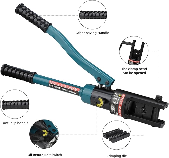 YQK-240 Hydraulic Crimping Tool 12T, Wire Crimper for Battery Cable Terminals 16-240mm²(6 AWG to 7/0 AWG)with 10PCS Hex Dies,16mm Stroke, 180°Swivel Head - Professional Electrician Crimper(Blue)