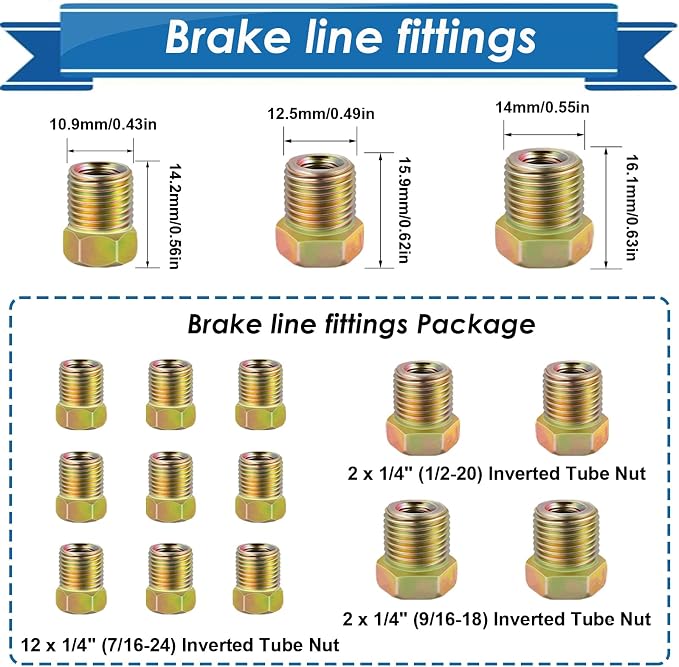 1/4Inch x 25 ft Brake Line Tubing Kit Flexible Copper Coated Alloy Brake Line Tubing Coil with 16 Inverted Flare Fittings SAE Standard