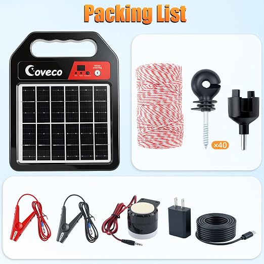 3-in-1Solar Electric Fence Charger 20 Miles, Adjustable 8KV-10KV Livestock Fence Energizer with 110dB Alarm,Short/Open Circuit Protection,LED Battery Level,14-Day Backup for Cattle Horse Goat Farm