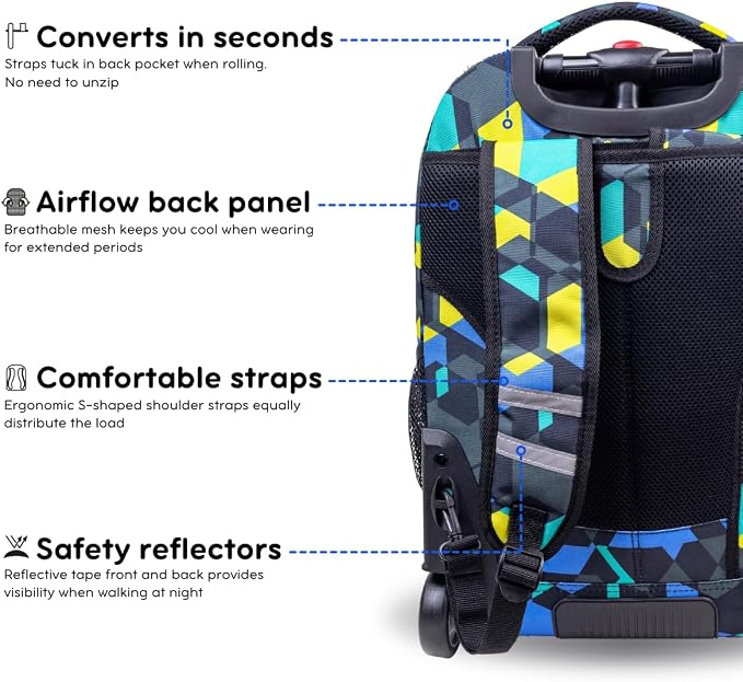 J World Sundance Laptop Rolling Backpack for Girls Boys. Roller Bookbag with Wheels, 20 Inch, Cubes
