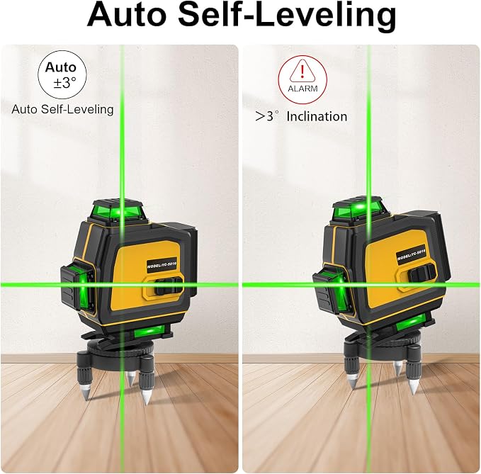 Laser Level 360 Self Leveling 4x360° 16 Lines Cross Line 4D Green Laser Level Tool with 2 Batteries, Charger, for Construction/Picture Hanging/Floor/Tile(Laser Class ll, <1mW Power Output)