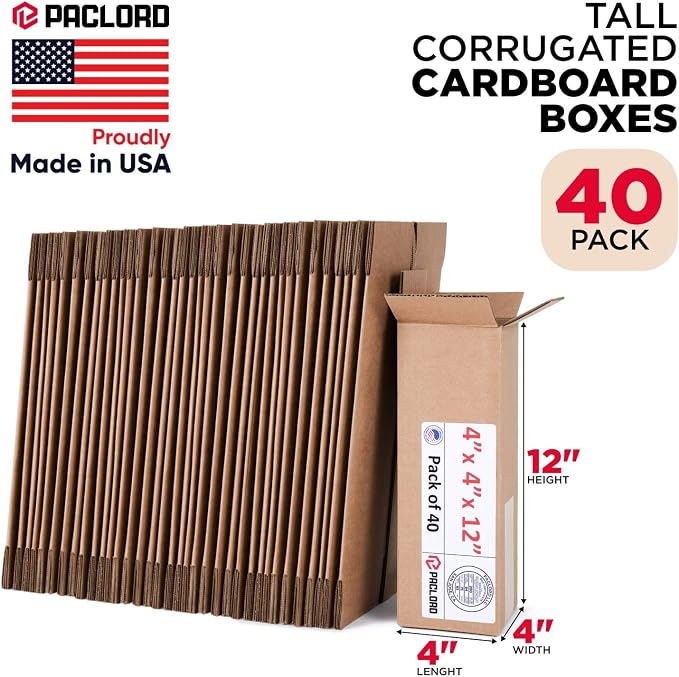 Tall Cardboard Boxes 4"L x 4"W x 12"H (Pack of 40) - USA-Made Packing Boxes for Moving, Shipping, or Storage - USPS, UPS, FedEx Approved - Professional Packing Supplies for Moving | USA-Made Packing Boxes for Moving, Shipping, or Storage - USPS, UPS, F...