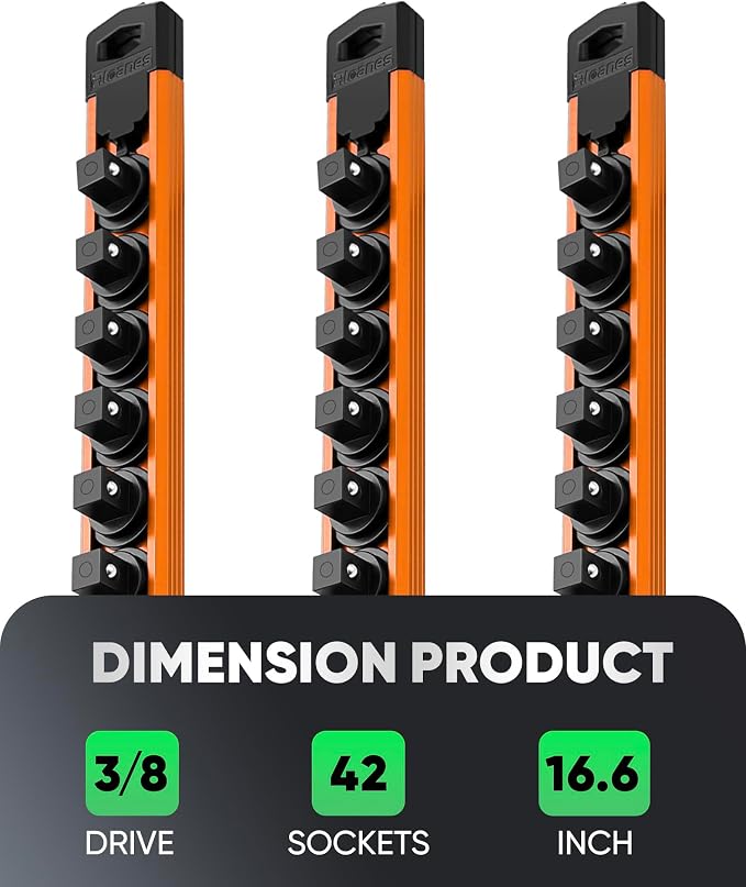 ALOANES Magnetic Socket Organizer Set, 3-Piece Heavy Duty Aluminum Socket Rails, 360° Swivel Clips Socket Rail Kit for Tool Tray Drawer Fit 3/8-Inch x 42 Clips (Orange, 3PC)
