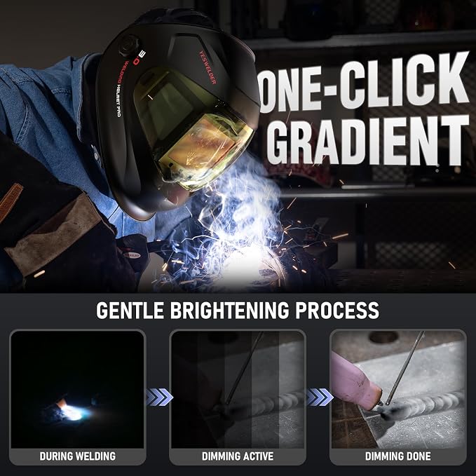 YESWELDER Intelligent Auto-Adjustment Auto-Darkening Welding Helmet, 180° Panoramic View, True Color 1/1/1/1, Internal Digital Display, Wide Shade 3/4-8/9-14, for MIG/TIG/Stick/Tack/Grind/Cut