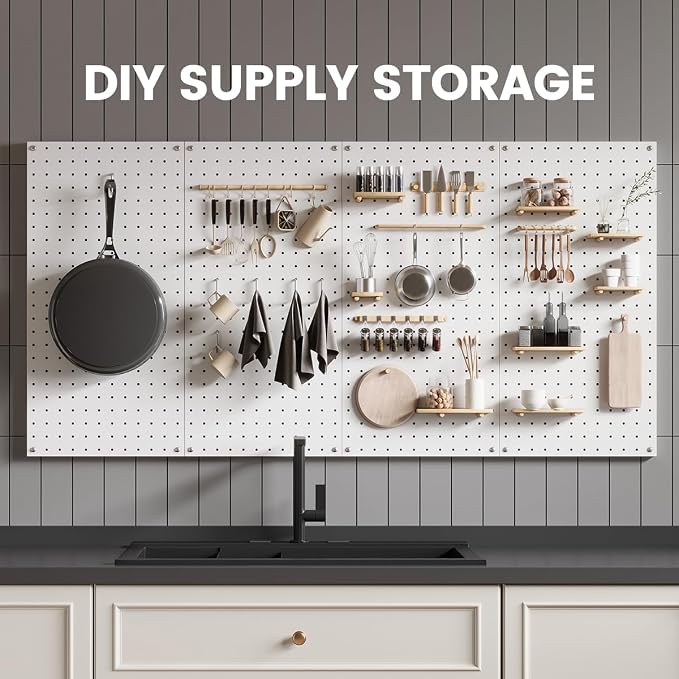 Peg Board, Metal Pegboard Wall Organizer System, 12x24 in Heavy-Duty Steel Peg Board with 38 Hooks, Modular Expandable Pegboard for Garage, Workshop & Home Organization (White, 4 Pack)