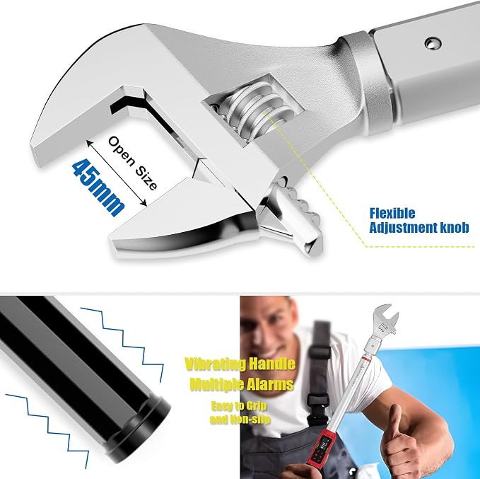 ANPUDS Adjustable Digital Torque Wrench, 2.2-147.5 Ft.lb, ±1% Accuracy | 3-200 Nm, 45mm Jaw & 1/2" Ratchet, 14×18mm Open End, Vibration, Buzzer and LED Indicator, for HVAC, Split AC, Auto, Plumbing