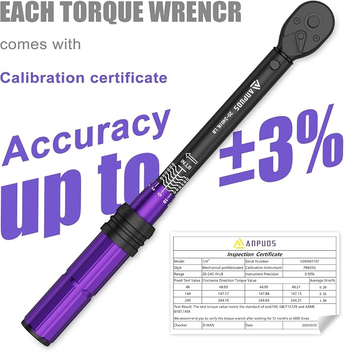ANPUDS 1/4 Inch Drive Click Torque Wrench, 20-240 in.lb/2.3-27.1 Nm | Aluminum Adjustable Inch Pound Tool with 72 Tooth, Dual Range Scales, Small Bike Torque Wrench for Bicycle Maintenance