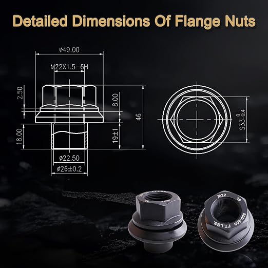 10 Pack Heavy Duty Wheel Lug Nuts, Two-Piece 19mm Sleeve Flanged, M22x1.5 Hex 33mm, Black Steel for Semi Truck with Hub Piloted Seat, 26mm Bolt Hole