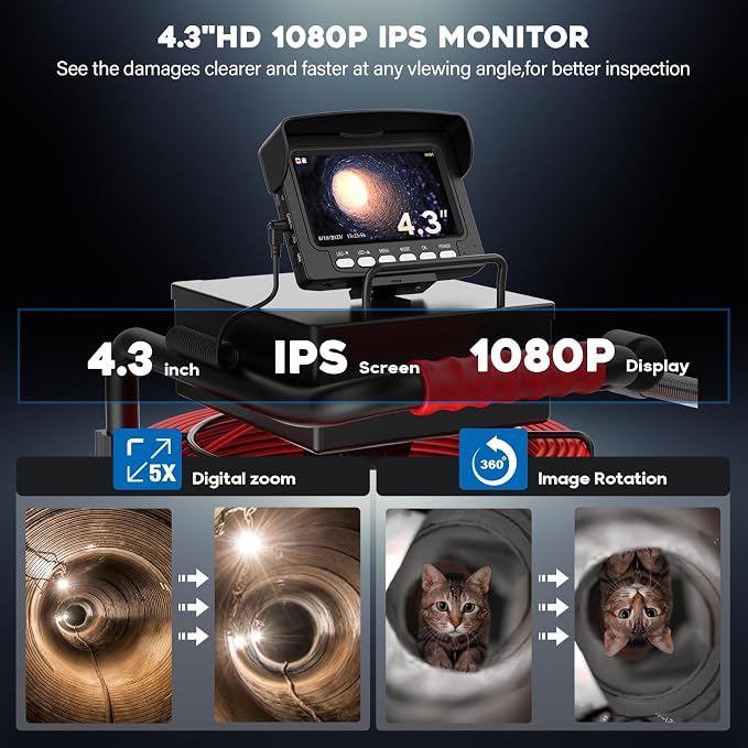 Sewer Camera 100FT/30M Sewer Pipe Inspection Camera with 12 Adjustable LEDs,4.3" IPS Screen IP68 Waterproof Drain 22MM 1200TVL Pipeline Industrial Endoscope for Wall Duct Pipe Plumbing