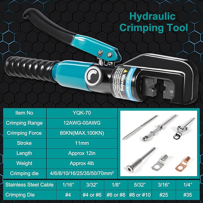 Brileine Hydraulic Crimping Tool Only 12 AWG to 2/0 AWG without Dies for Battery Cable Wire Lug Terminal Copper Aluminum
