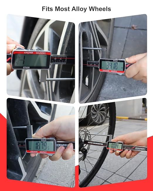 GODESON Brake Rotor Gauge, Rechargeable Digital Caliper 3.25-Inch ±0.03mm Accuracy, Stainless Steel Body, Large LCD Display with Hold, mm/inch/F Units, IP54, Measures Discs Without Removing Wheels