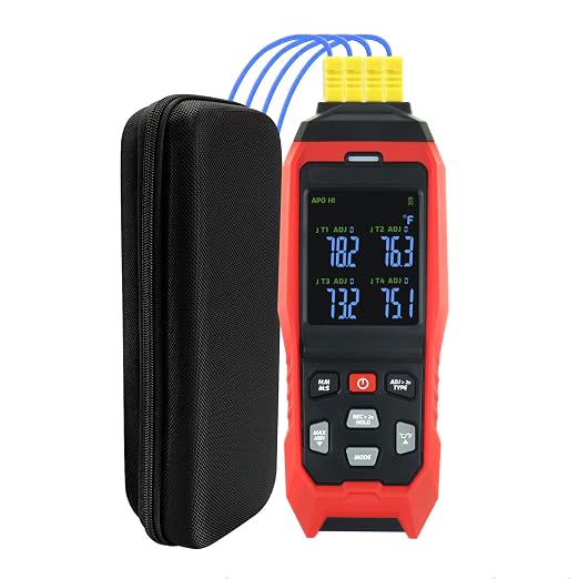 Thermocouple Thermometer Data Logger 4 Channels Digital K Type Thermometer with 5000 Groups Programmable Temperature Recording -328~2501℉ Measuring Range, Audible & Visible Alarm ADJ Compensation