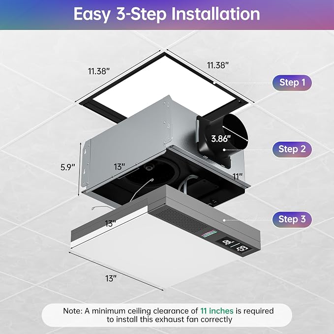 VallisCo Bathroom Exhaust Fan with Light, Bluetooth Speaker, Odor & Humidity Sensors, 230 CFM Quiet Ceiling Fan with 3 Dynamic RGB Lighting, 3CCT - Remote App Control - Compatible with Alexa