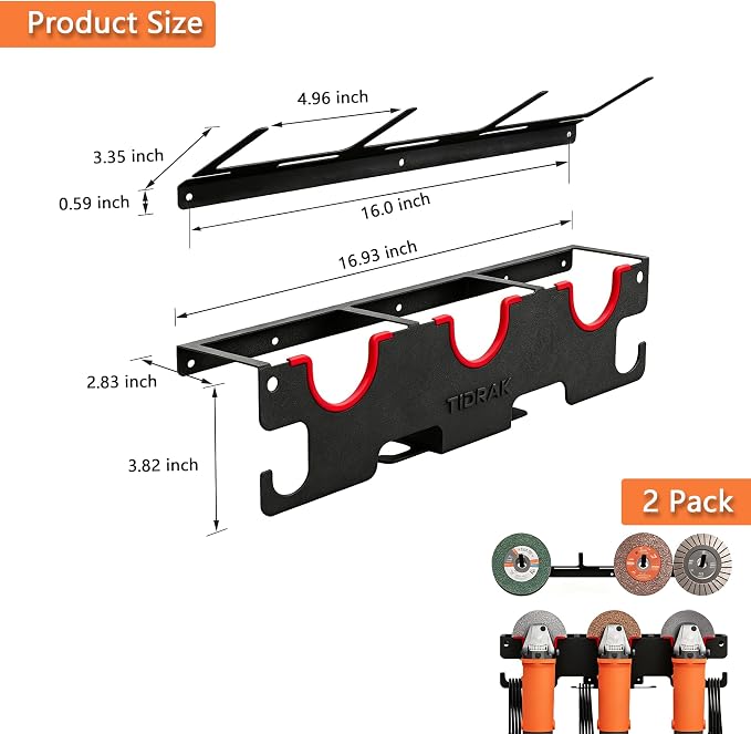 Angle Grinder Holder Wall Mount - Heavy Duty Storage Rack for 5" Grinder, Impact Wrench & Polisher, with Cord Management & Disc Hooks, Workshop Garage Organizer (2 PACK)