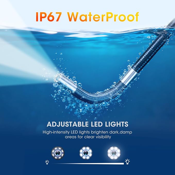 Two-Way Articulating Borescope, 1080P HD Endoscope Camera with 5" IPS Screen, IP67 Waterproof 0.23in Slim Probe Inspection Camera with Adjustable Light, for Automotive Pipe Sewer 32GB SD Card