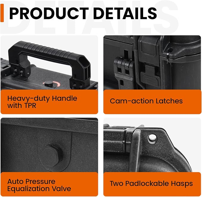 Tactix Hard Case S Waterproof Camera Protective Case IP65 Heavy-Duty with Custom Foam Insert, Fit Use of Drones, Camera, Equipments, Tools, 9.25"x7.48"x4.4" Black