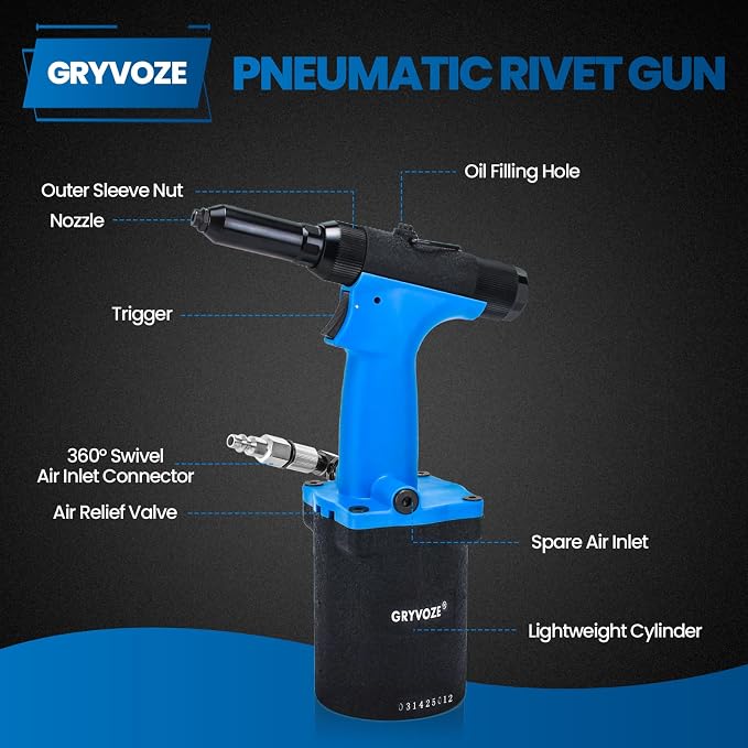 Pneumatic Rivet Gun Air Pop Riveter Tool Kit with 1/8", 5/32", 3/16", 1/4" Rivet Nozzles, Pneumatic Riveting Gun, Upgraded Air Riveter Hydraulic Pop Riveting Rivets Tool, No-Self-Suction