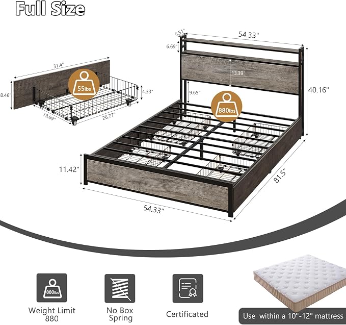 VINGLI Full Bed Frame with 4 Storage Drawers and Adjustable Headboard, Metal Double Platform Bed with Charging Station and LED Lights, No Box Spring Needed, Noise Free, Easy Assembly, Wash Grey