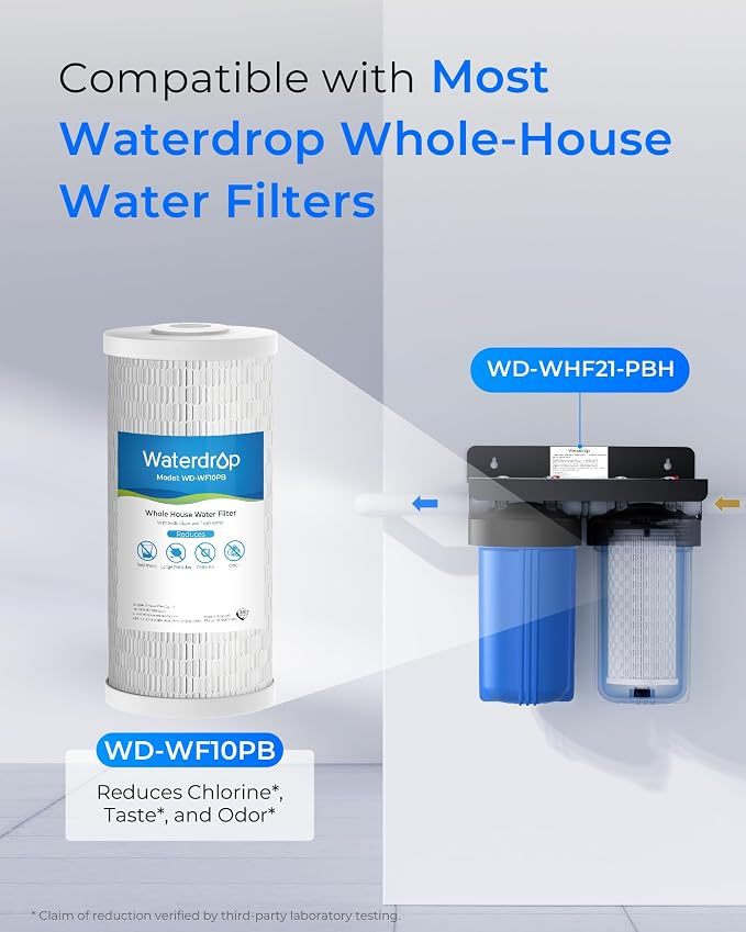 Waterdrop WF10PB Whole House Water Filter, Compatible with WHF21-PBH and WHF21-PBL, GE FXHTC, GXWH40L, iSpring, Culligan RFC-BBSA, Whirlpool, Any 10" x 4.5" System, Reduces Chlorine, Sediment