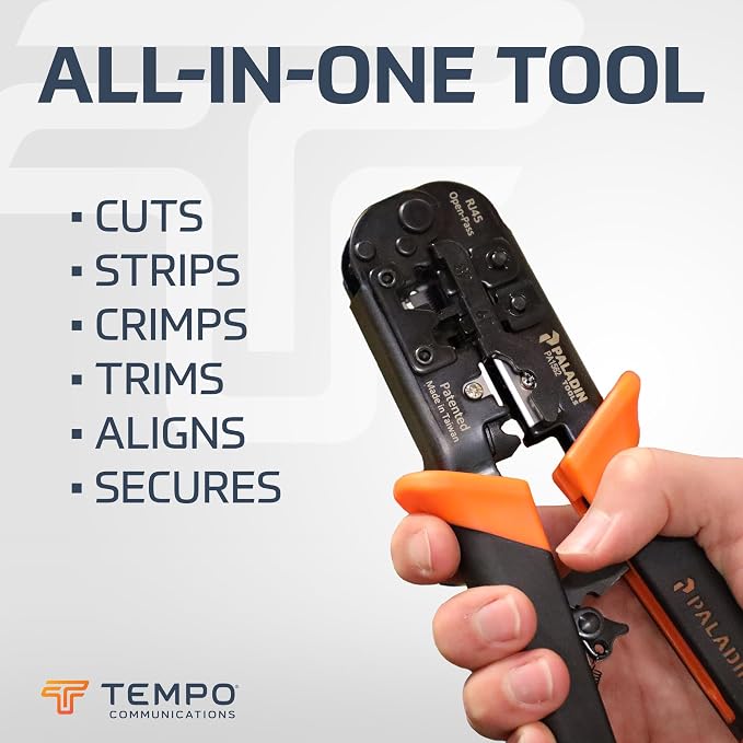 Paladin Tools PA1562 All-in-One Wire Crimper Tool – RJ45, RJ11, RJ22 - Pass-Through & Snagless Crimp Tool - Cut, Strip, Crimp