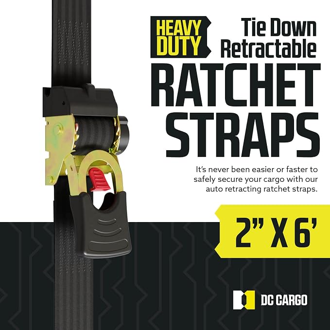 DC Cargo Mall Auto Retractable Ratchet Straps (4-Pack) 2” x 6ft, Heavy Duty, 4,033lb Break Strength – Tie Down Straps for Cargo, Truck, Trailer, Boats