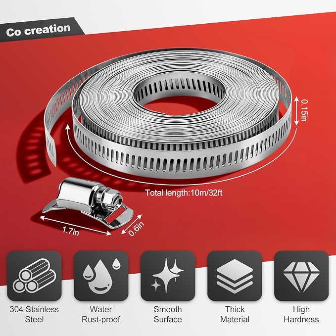 Hose Clamps Stainless Steel, Cut-To-Fit 32.81FT Metal Strap and 20 Fasteners, Worm Gear Drive Hose Clamp Metal Fuel Line Pipe Clamp for Plumbing, Automotive And Mechanical Application