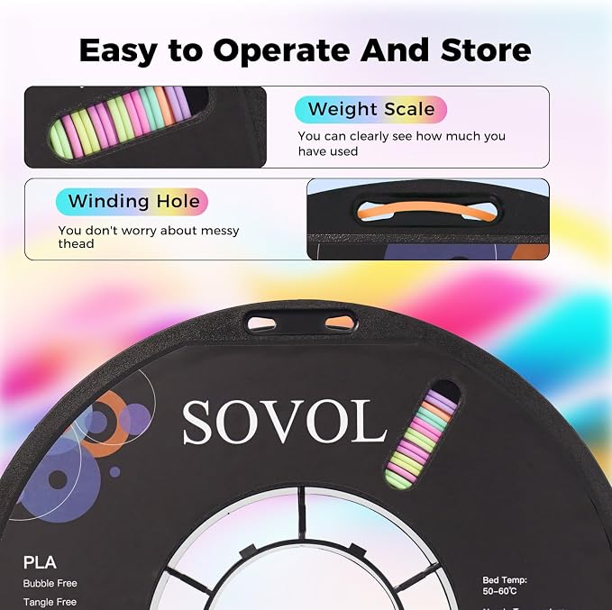 Sovol 3D Printer Matte Multicolored Fast Change Gradient Rainbow PLA 1kg (2.2 lbs) Spool 3D Printing Materials, Dimensional Accuracy +/- 0.03 mm, 1.75 mm, Matte Starlight