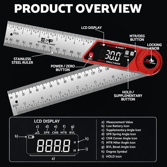 S&F STEAD & FAST Digital Angle Finder with Miter Button, 7 Inch / 200 mm Stainless Steel Digital Protractor, 0–360° Angle Ruler with XL LED Display, ±0.2° Accuracy for Woodworking, Construction