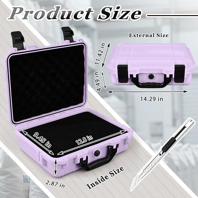 Relaxweex 1 Pcs Waterproof Hard Case with DIY Customizable Foam Insert Portable Protective Case with Knife for Camera Drones Equipments Tools Test Instruments(Purple,14.3 x 11.4 x 4.5 Inch)