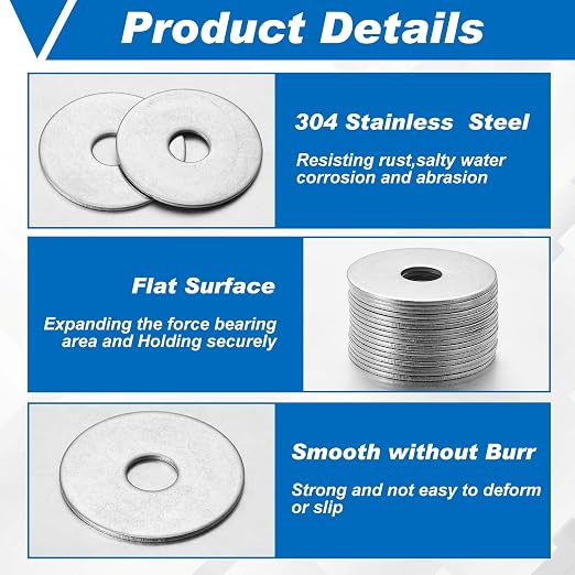 Hotop 200 Pieces Stainless Steel Fender Washers 18-8 Stainless Steel Flat Washer (3/8" X 1-1/2")