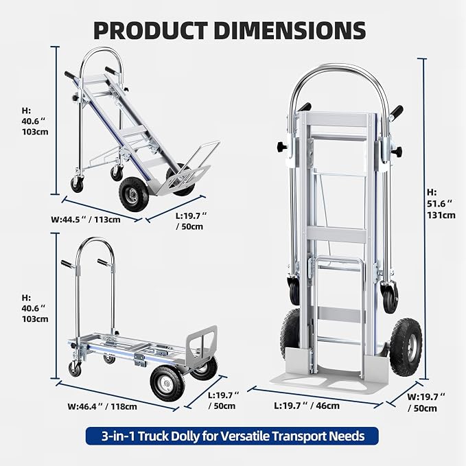 3 in 1 Convertible Aluminum Hand Truck Dolly, 1000 lb, Pneumatic Wheels | Heavy-Duty Frame, Upright, Tilted and Platform Modes for Appliances and Boxes, Compact Storage, Rolls on Uneven Ground