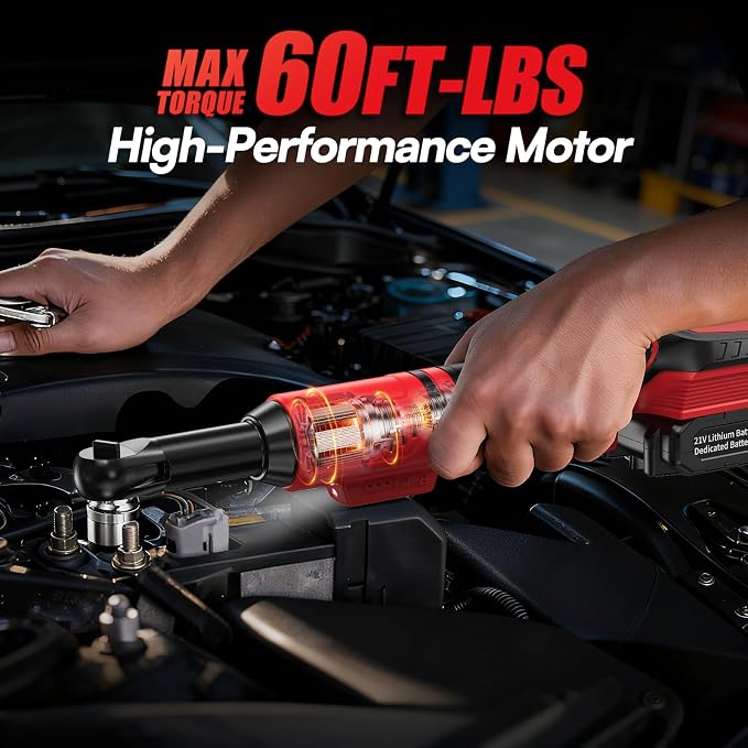 3/8 Cordless Ratchet Wrench Set, 60FT-LBS Extended Electric Ratchet with 400RPM Variable Speed, 21v Power Ratchet with 2x2.0Ah Battery, 7 Sockets, 1/4 Adaptor, 3"Extension Bar