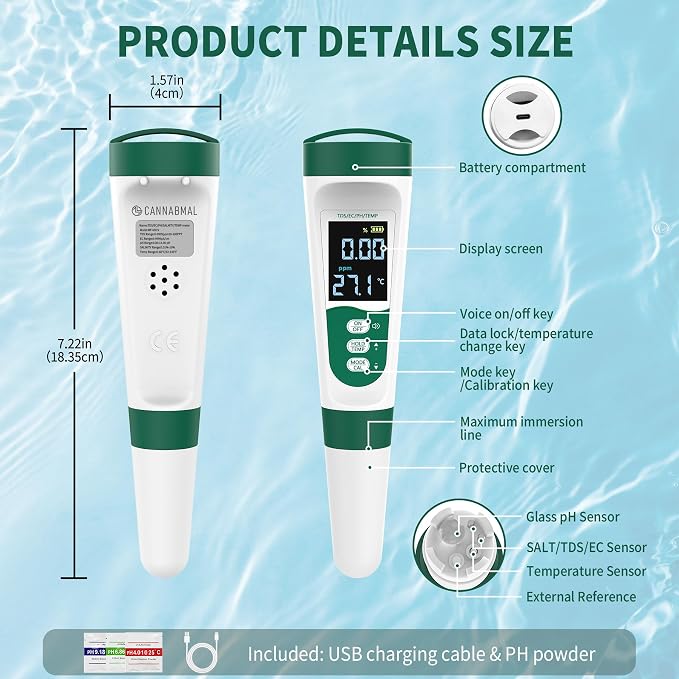 5-in-1 Digital PH Meter, with Voice Function, PH/TDS/EC/Temp/Salt Pool Salt Tester, Waterproof & Rechargeable Pen Meter for Swimming Pools, Fish Tank, Aquariums & Hydroponics