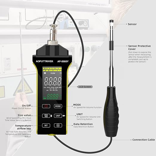 Hot Wire Anemometer Handheld CFM/CMM Air Flow Meter with 360° Revolve Telescopic Probe Measures Airflow and Temperature in Air Flow Velocity for HVAC Cone Duct-AP-5000Y