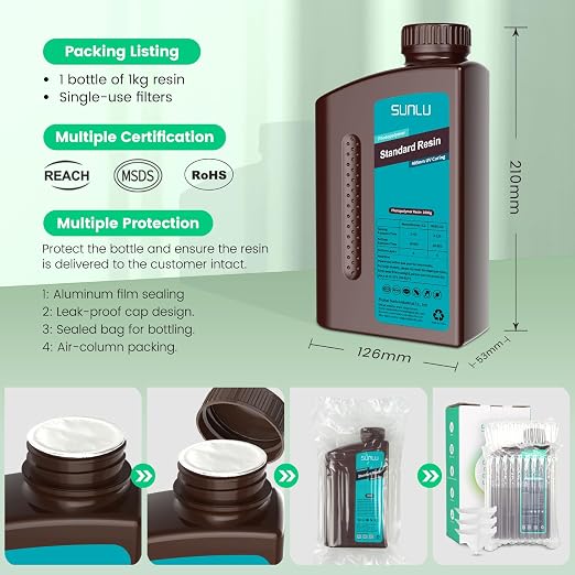 SUNLU 3D Printer Resin 1kg, Fast Curing Standard 3D Resin for LCD DLP SLA 3D Printers, 395 to 405nm UV Curing 3D Printing Liquid Photopolymer Resin, Low Shrinkage, High Precision, 1000g, Clear
