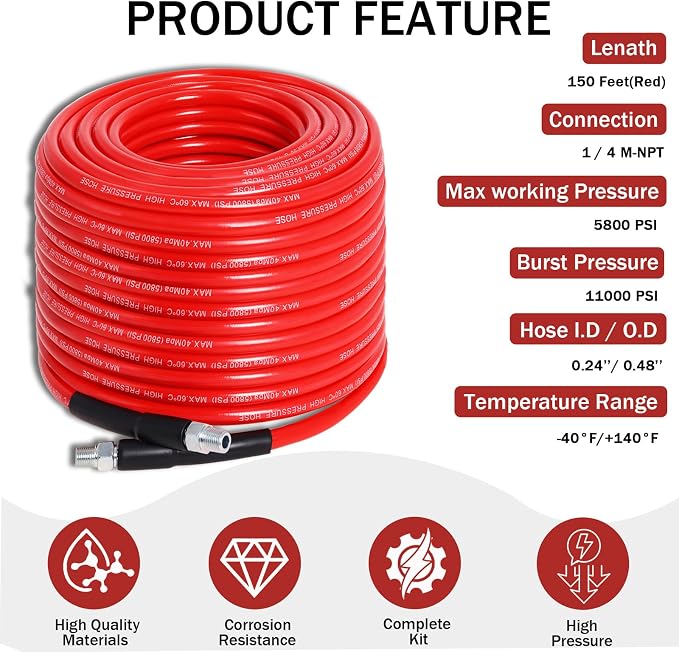 Sewer Jetter Kit for Pressure Washer 150FT, 5800PSI Drain Cleaner Hose 1/4 Inch NPT Corner with 5 Sewer Jetting Nozzles，Waterproof Tape，Pearl Corsage Pin & 2 Spanners (Red)