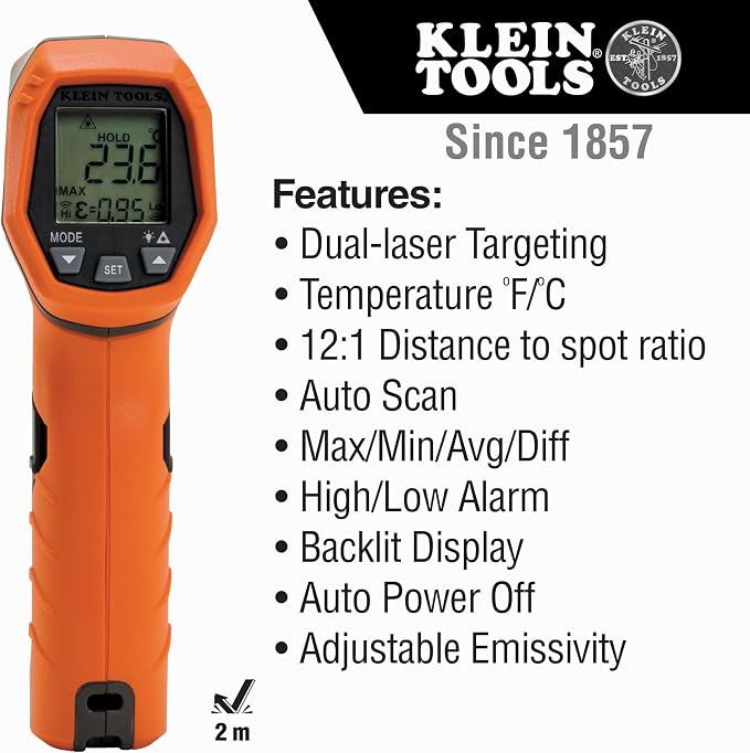 Klein Tools IR5 Dual Laser 12:1 Infrared Thermometer & ET140 Pinless Moisture Meter for Non-Destructive Moisture Detection in Drywall, Wood, and Masonry; Detects up to 3/4-Inch Below Surface