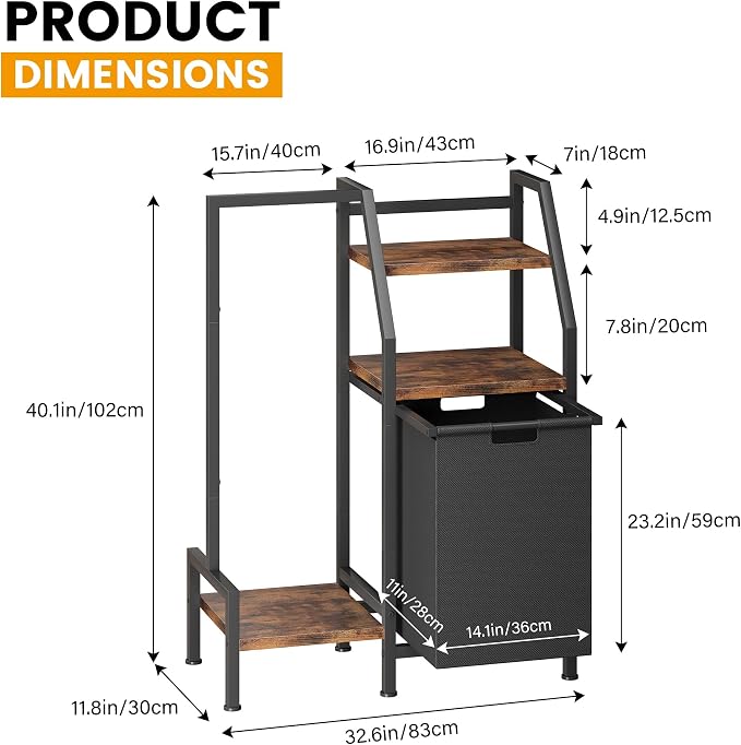 Laundry Hamper with Hanging Rack and 3 Shelves, Large Laundry Storage Basket, 3-in-1 Vertical Laundry Sorter, Laundry Room Organizer Storage for Small Spaces