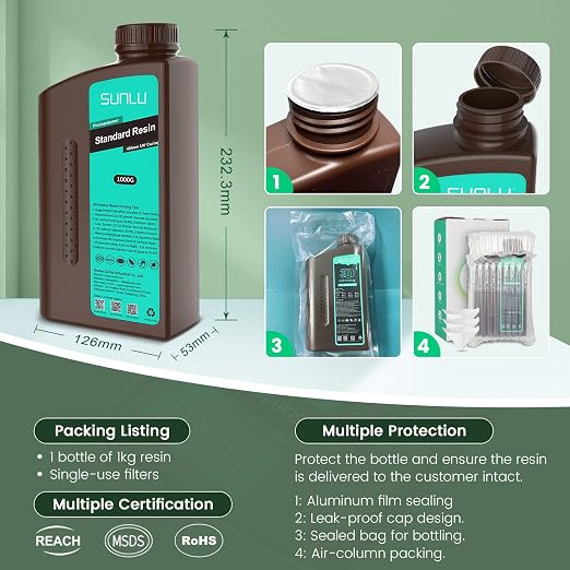 SUNLU 3D Printer Resin 1kg, Fast Curing Standard 3D Resin for LCD DLP SLA 3D Printers, 395 to 405nm UV Curing 3D Printing Liquid Photopolymer Resin, Low Shrinkage, High Precision, 1000g, Dark Grey