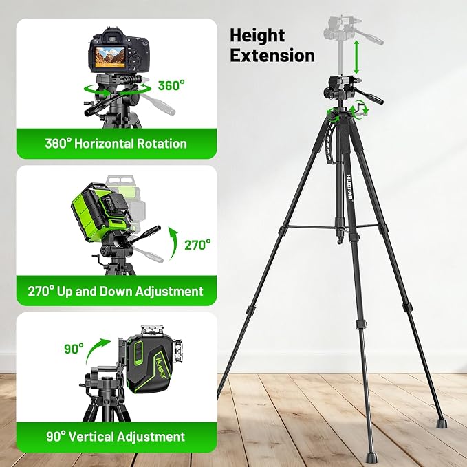 Huepar Professional Laser Level Tripod, Fathers Day Dad Gifts, 68 Inch Adjustable Height, Suit for Heavy Duty Lasers Levels, Point Laser, Distance Measure - Phone Holder, 1/4" & 5/8" Thread Mount