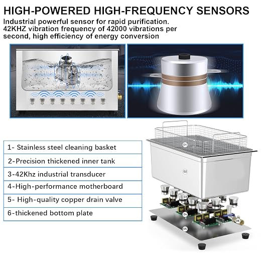 Commercial Ultrasonic Cleaner 30L with Knob, Heater Timer 10 Transducers 800W+600W 42kHz for Carburetor Bike Chain Brass Instrument Jewelry Denture Professional