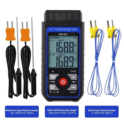 Thermocouple Thermometer Digital K Type Thermometer with 4 Thermocouples, -328~2500℉ Measuring Range HVAC Dual Channels Temperature Meter Gauge with LED Backlight & ADJ Compensation