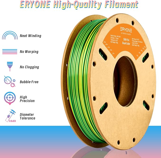 ERYONE PLA Filament 3D Printer Filament Multicolor 1.75mm +/- 0.03mm, PLA Filament 250g Spool, Silk Dual Color Yellow Green