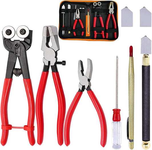 Glass Cutting Tool Set Kit, Wheeled Glass Tile Nippers,Glass Running Pliers,Breaking Pliers, Oil Feed Glass Cutter Set with Leather Zipper Bag for Stained Glass, Tiles, Mosaic, Mirrors,Bottle, Fusing