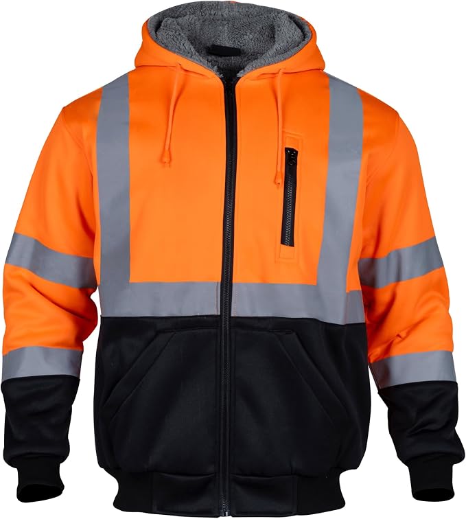VENDACE Men's ANSI Class 3 High Vis Safety Reflective Sweatshirt Wool Fleece Zipper Jacket Hoodie with Black Bottom(Orange,XL)