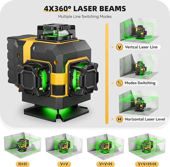 16 Lines Laser Level with Tripod - Green Cross Line Laser, 4x360° Self Leveling Laser Level, 4D Self Leveling Tool for DIY Picture Hanging, Home Renovation, Indoor Project, 2 Batteries Included