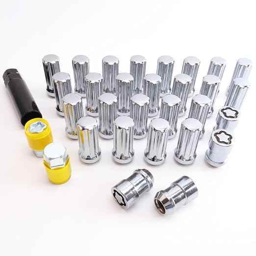 M14 x 1.5mm Wheel Locks, Fit for Ram 1500, Ram 2500, Ram 3500, F-150, F-250, F-350, Expedition, Wheel Locks, 4 Locking Lug Nuts 2 Pcs Key with 24Pcs 7 Spline Lug Nuts+1 Key, Chrome