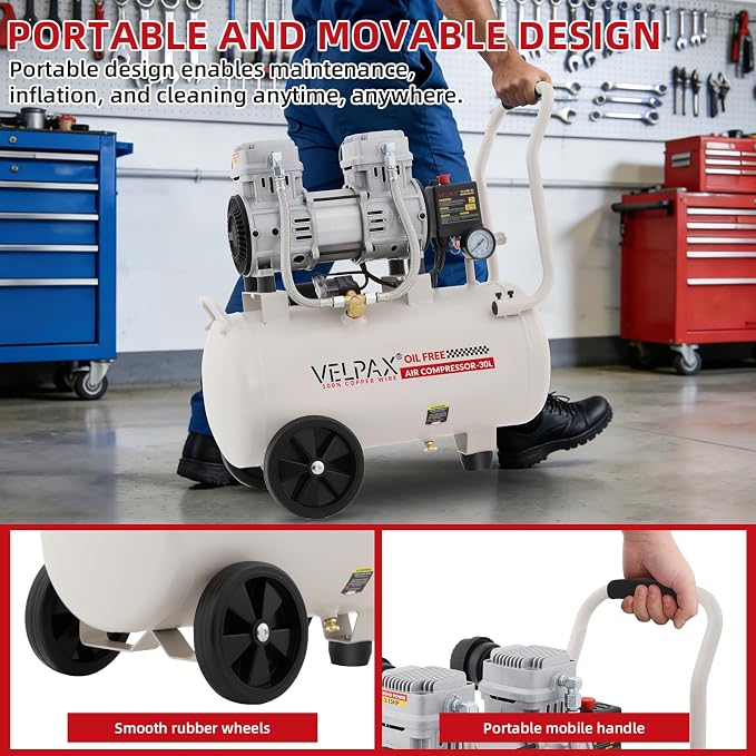 Ultra Quiet Air Compressor, Only 68dB, 8 Gallon Tank, Oil-Free, 110V/60Hz 2.15HP, 9.04CFM@115PSI, Air Compressor Perfect for Spray Painting, Auto Repair, Tire inflation, Woodwork nailing